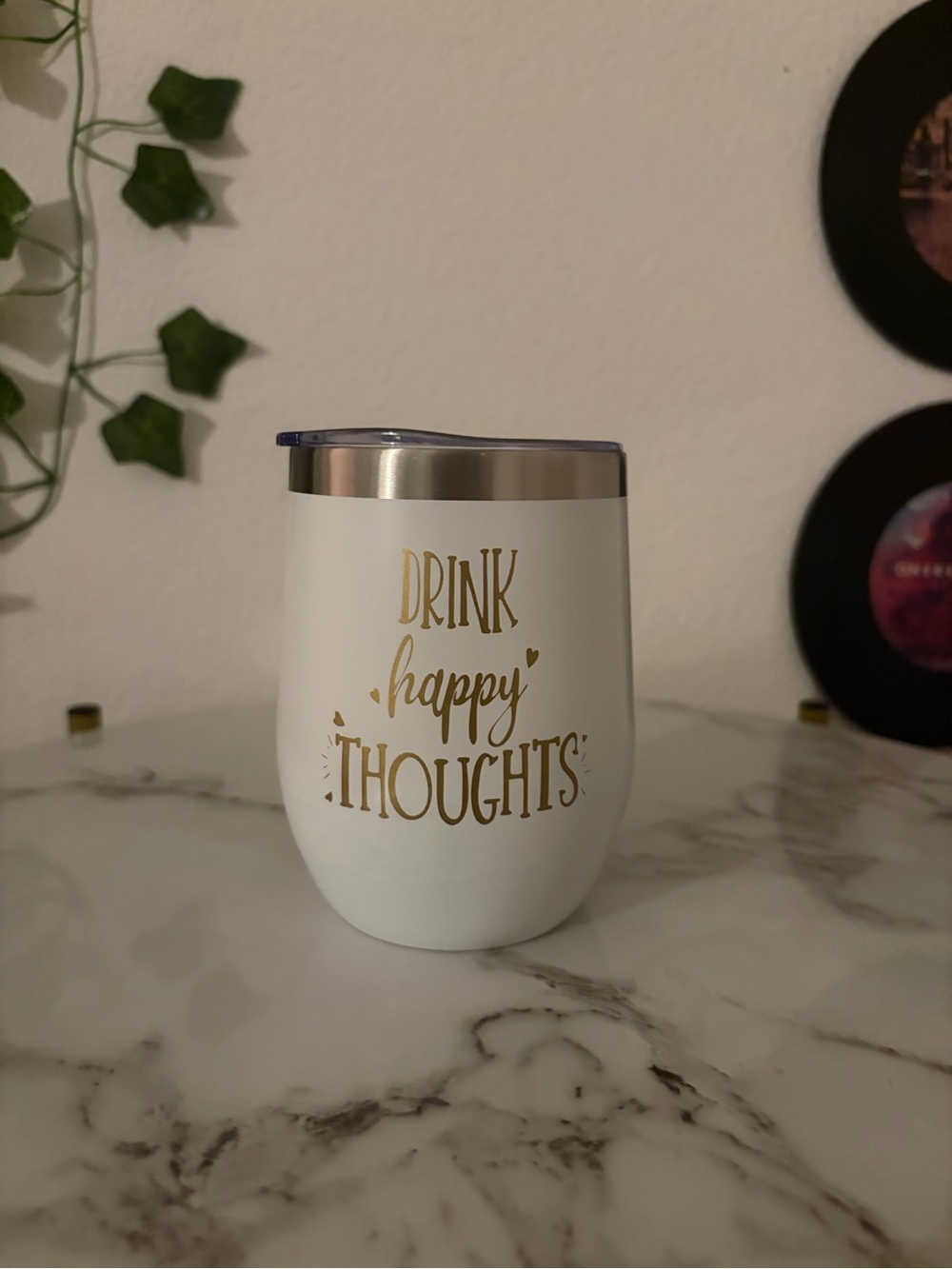 White Insulated Stemless Wine Tumbler - Gold 'Drink Happy Thoughts' Design